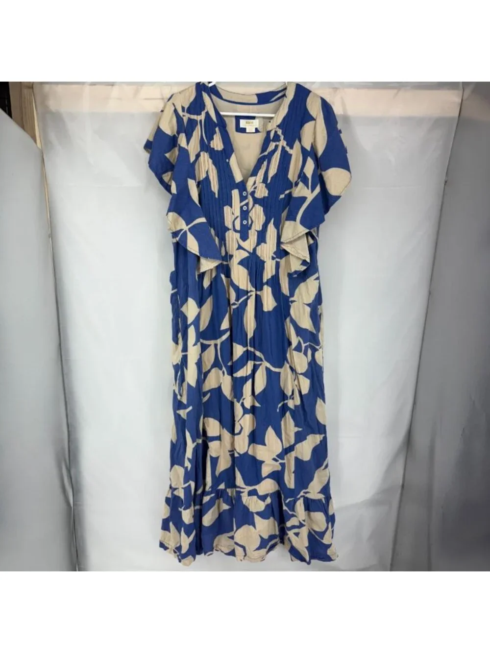 Maeve Anthropologie Women L Cassandra Maxi Dress Blue Tan Floral Flowy Bohemian - Picture 2 of 10